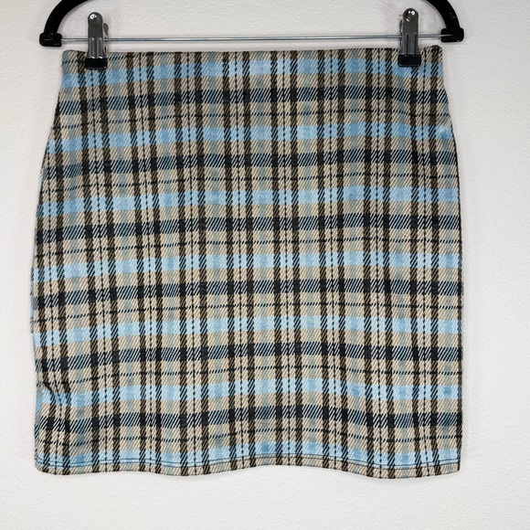 Altar'd State Blue Gold Black Plaid Stretchy Elastic Waist Mini Skirt Sz M - Picture 11 of 13